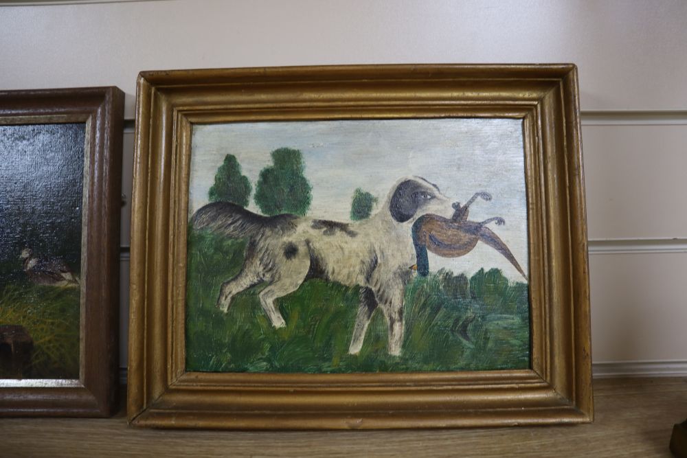 19th century English School, oil on mill board, Sheep in winter, 19 x 30cm, a pair of oils of horses and cattle by A.F. Barnes, 1913 an